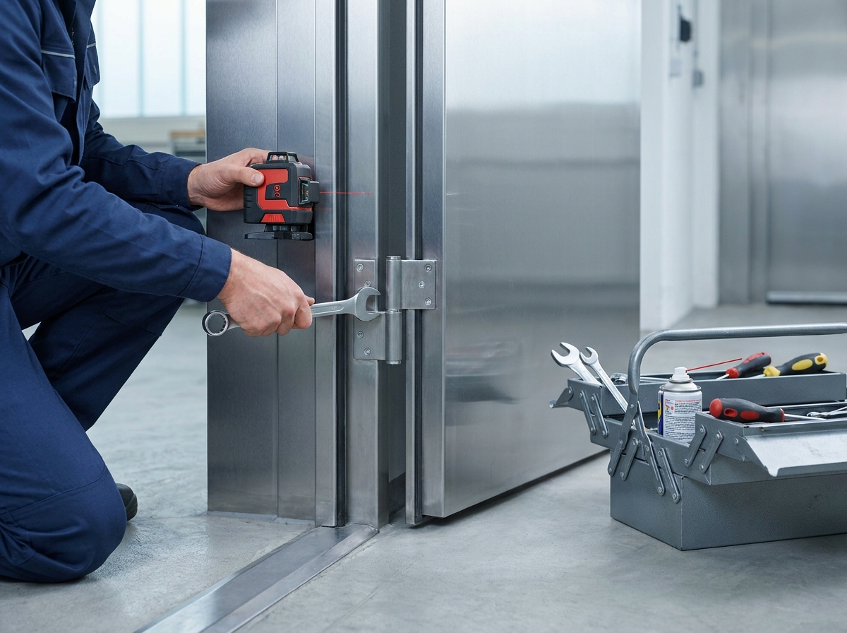 Technician adjusting a heavy steel door hinge with precise tools, industrial and secure setting