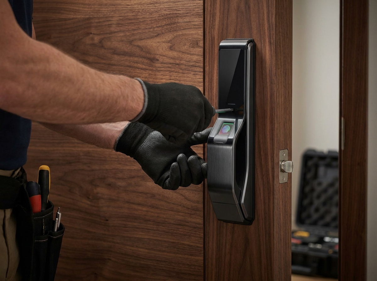 Close up of a sleek, modern biometric smart lock being installed on a wooden door, luxury corporate feel